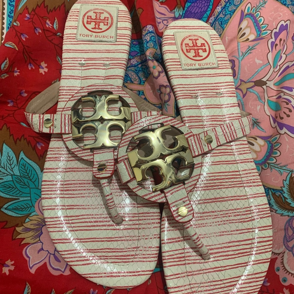 Red & cream striped Tory Burch Miller sandal size 10